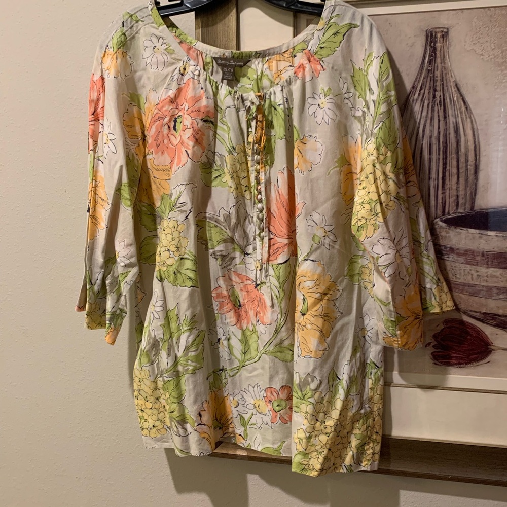 Tommy Bahama Cotton/Silk Floral Blouse in Orange, Yellow, and Green - Picture 1 of 12